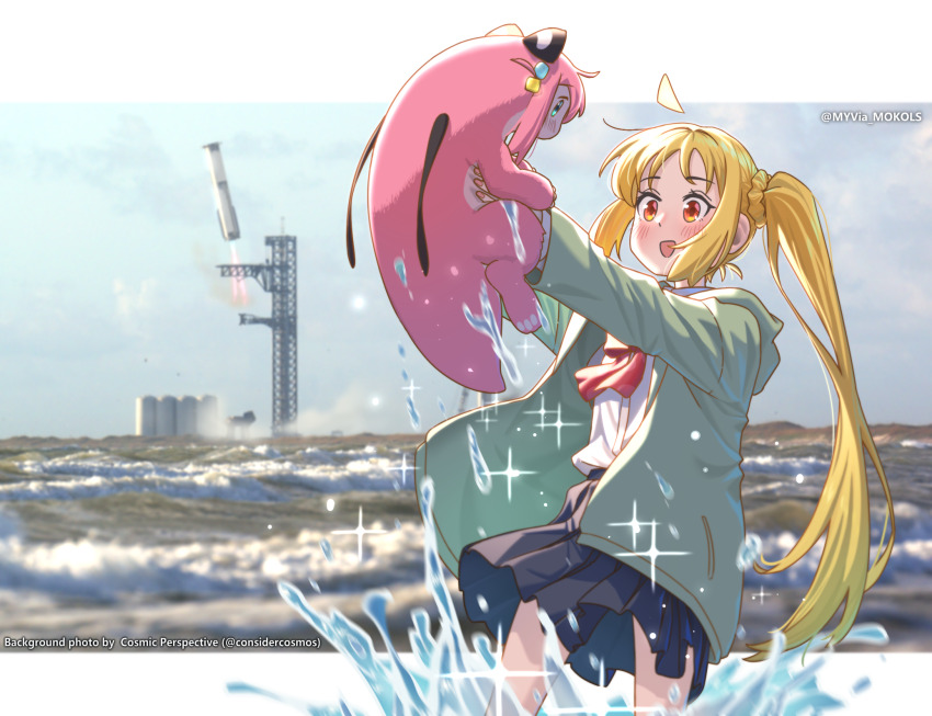 1girl, ahoge, animal, animalization, blonde_hair, blue_skirt, blush, bocchi_the_rock!