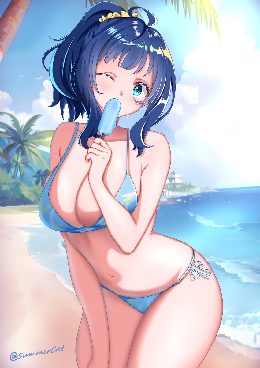 1girl, absurdres, ahoge, beach, blue_eyes, blue_hair, blue_sky, breasts