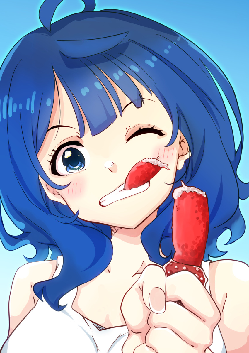 1girl, ahoge, blue_background, blue_eyes, blue_hair, crab_leg, dress, gradient_background