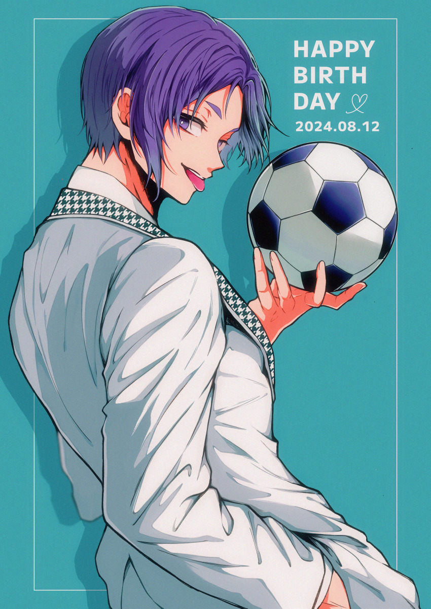 1boy, :p, absurdres, aqua_background, ball, birthday, blue_lock, bright_pupils, dated, dated_commentary, from_side, hand_up, happy_birthday, heart, highres, holding, holding_ball, looking_at_viewer, looking_back, male_focus, mikage_reo, no.33, profile, purple_eyes, purple_hair, school_uniform, short_hair, soccer_ball, solo, thick_eyebrows, tongue, tongue_out, white_pupils