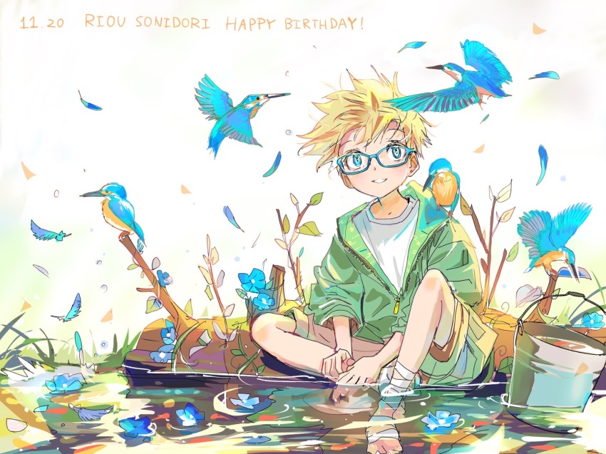 1boy, bird, blonde_hair, blue_eyes, bucket, commentary_request, feathers, glasses