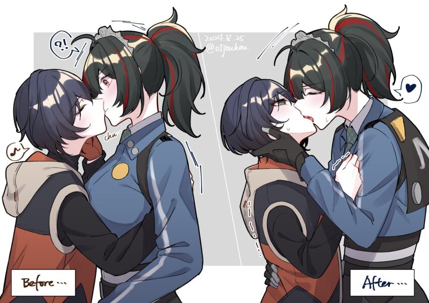 !?, 2girls, before_and_after, belle_(zenless_zone_zero), black_gloves, black_hair, black_shirt, blue_hair, blue_jacket, blush, checkered_necktie, closed_eyes, dated, french_kiss, from_side, gloves, green_eyes, grey_background, hairband, heart, jacket, jouhou, kiss, metal_hairband, multiple_girls, musical_note, necktie, orange_gloves, ponytail, red_eyes, red_hair, shirt, short_hair, sleeveless, sleeveless_jacket, spoken_heart, spoken_interrobang, spoken_musical_note, sweatdrop, twitter_username, upper_body, yuri, zenless_zone_zero, zhu_yuan