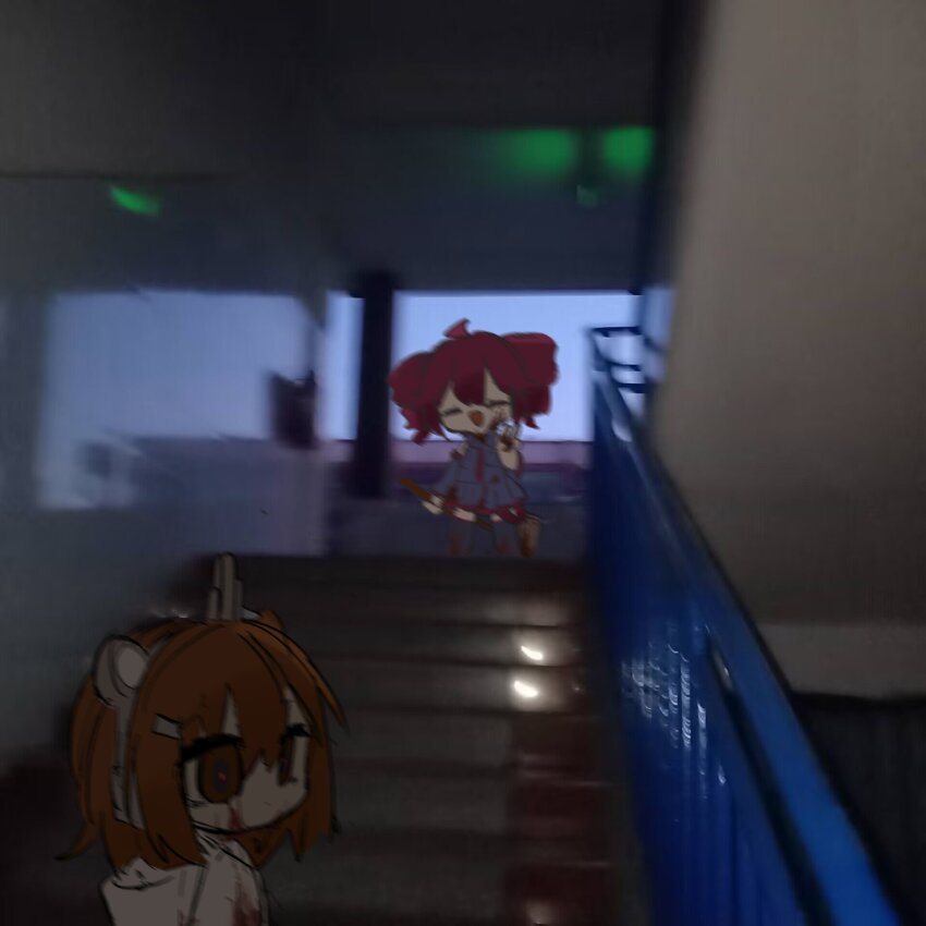 2girls, a.i._voice, adachi_rei, ahoge, axe, blood, blood_on_axe, blood_on_clothes, blurry, blurry_background, chibi, chibi_only, chinese_commentary, closed_eyes, commentary_request, detached_sleeves, drill_hair, facing_viewer, grey_shirt, grey_skirt, grey_sleeves, grey_thighhighs, hand_up, headlamp, highres, holding, holding_axe, hood, hood_down, hooded_jacket, horror_(theme), hyouenn, indoors, jacket, kasane_teto, kasane_teto_(utau), lens_eye, looking_at_viewer, looking_back, medium_hair, multiple_girls, open_mouth, orange_hair, photo_background, radio_antenna, red_hair, shirt, skirt, sleeveless, sleeveless_shirt, smile, stairs, standing, thighhighs, twin_drills, utau, white_jacket, wide_shot