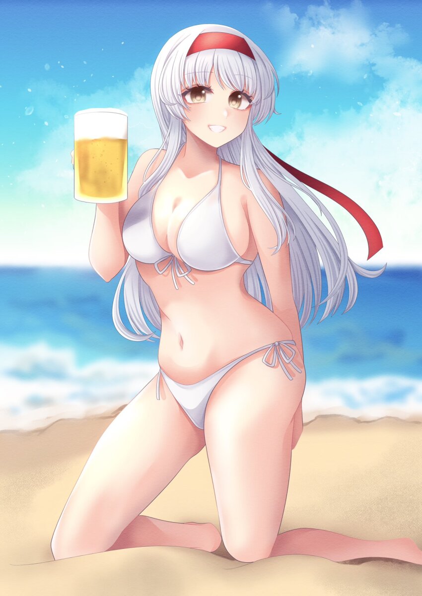 1girl, alcohol, beach, beer, beer_mug, bikini, blue_sky, breasts