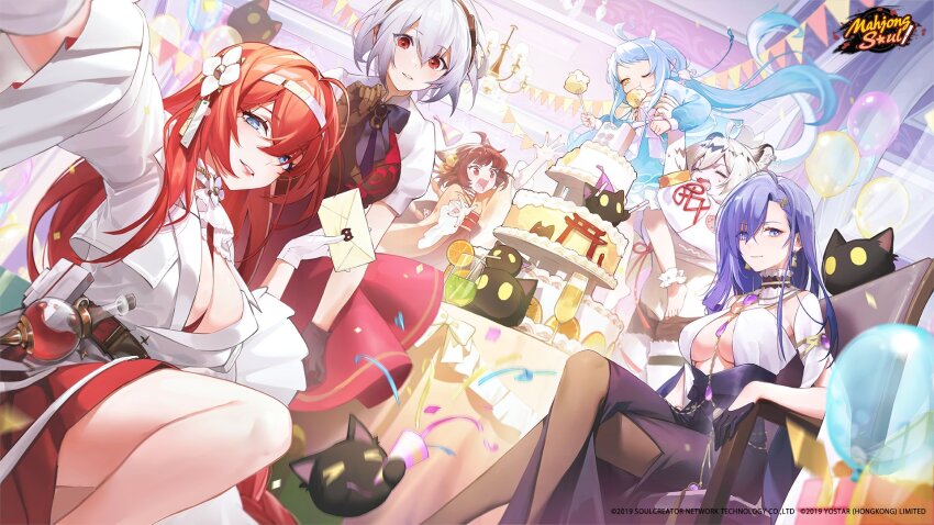 6+girls, animal_ears, artist_request, balloon, birthday, birthday_cake, blue_hair, breasts