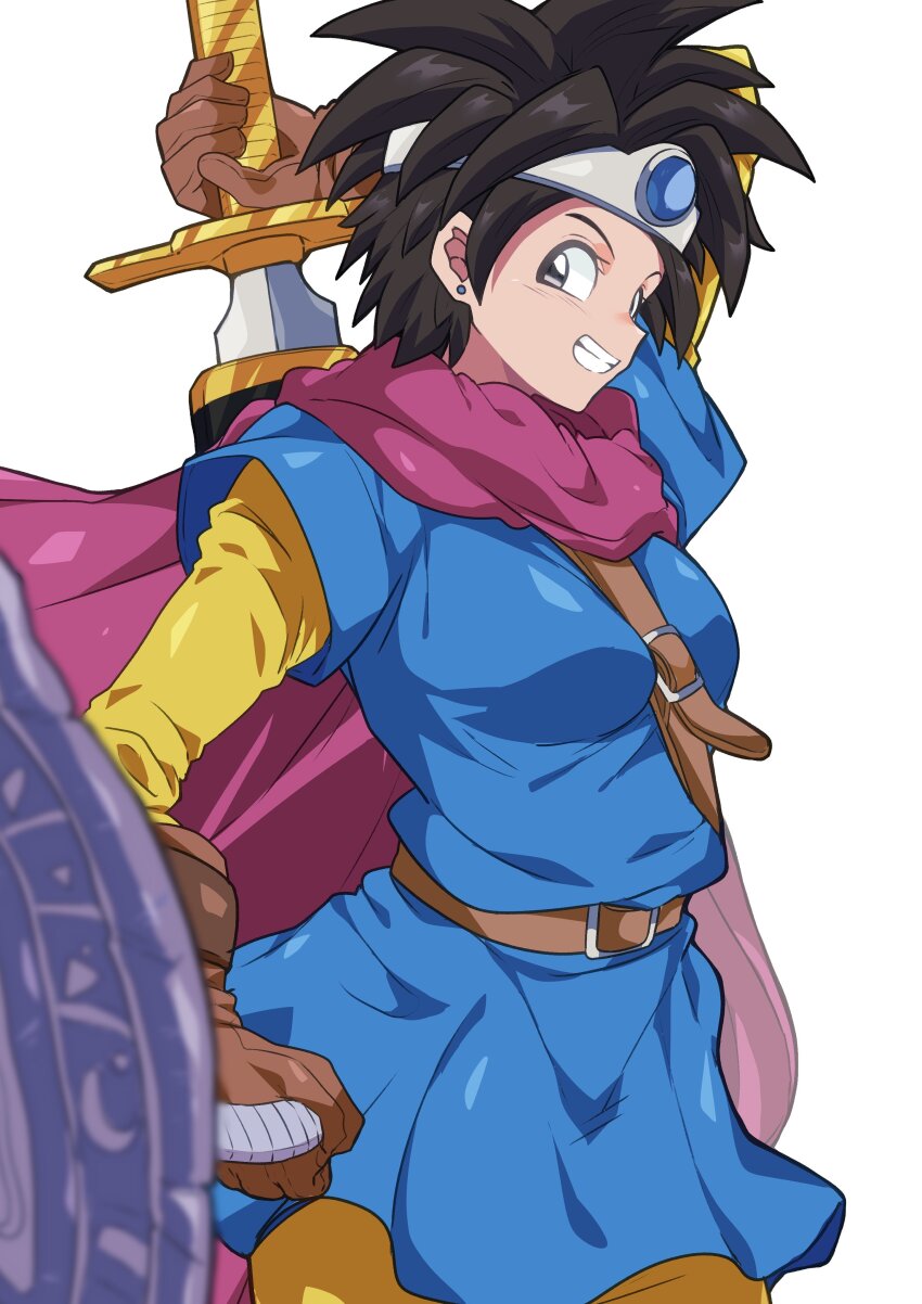 1girl, absurdres, belt, blue_tunic, blurry, brown_belt, brown_gloves, brown_hair