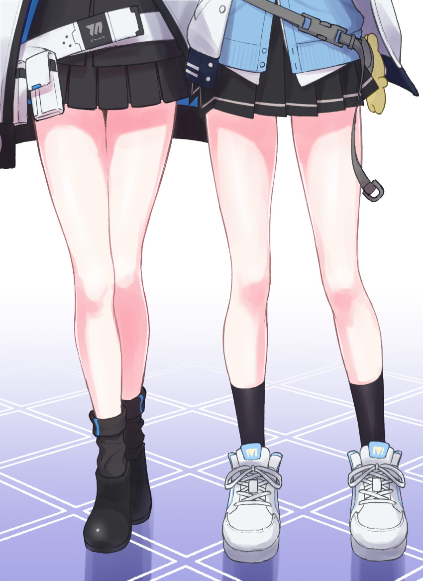 2girls, belt, belt_pouch, black_footwear, black_skirt, black_socks, blue_archive, blue_cardigan