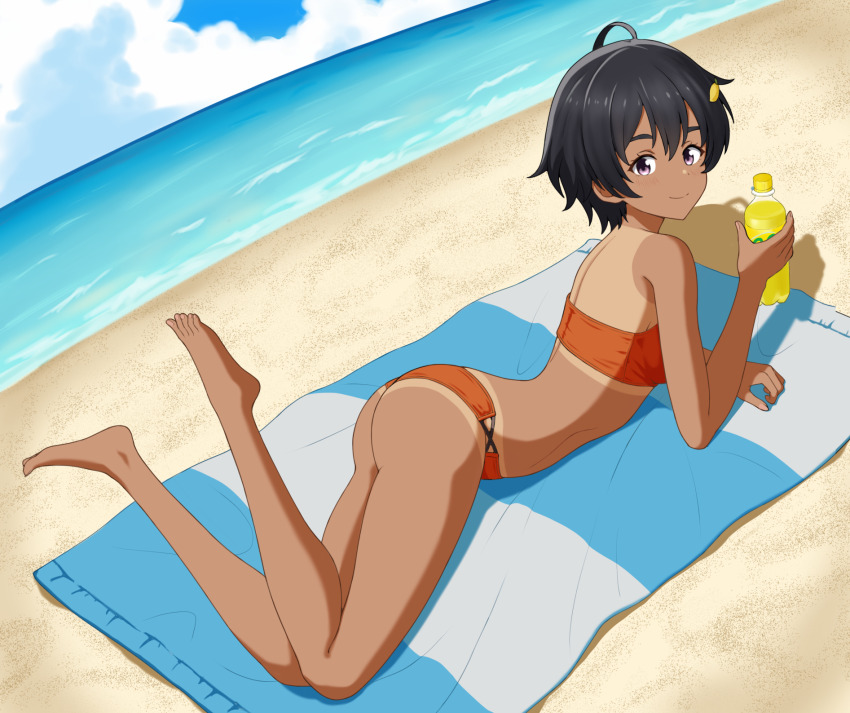 1girl, ahoge, barefoot, beach, beach_towel, bikini, black_hair, blue_sky