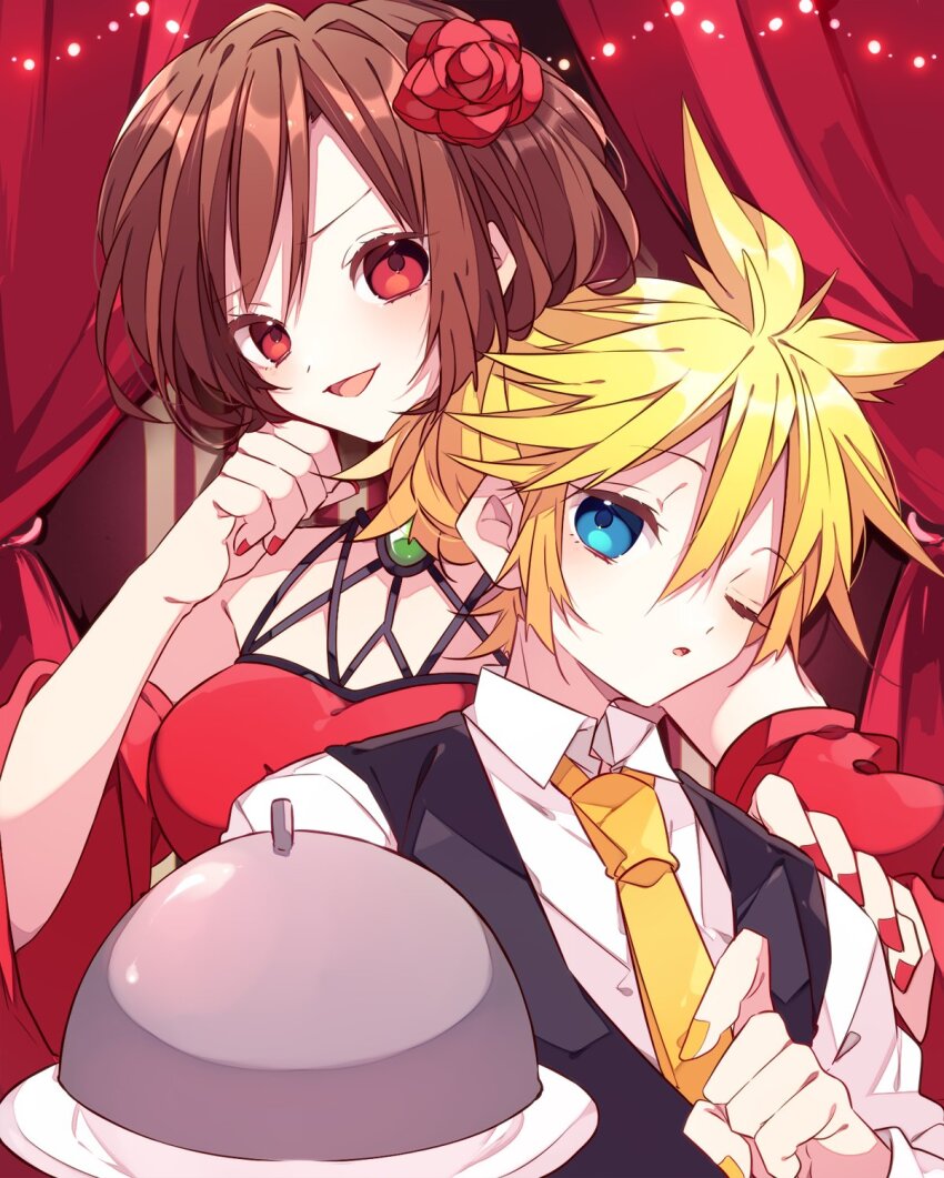 1boy, 1girl, :3, ahoge, akujiki_musume_conchita_(vocaloid), androgynous, banica_conchita, black_vest