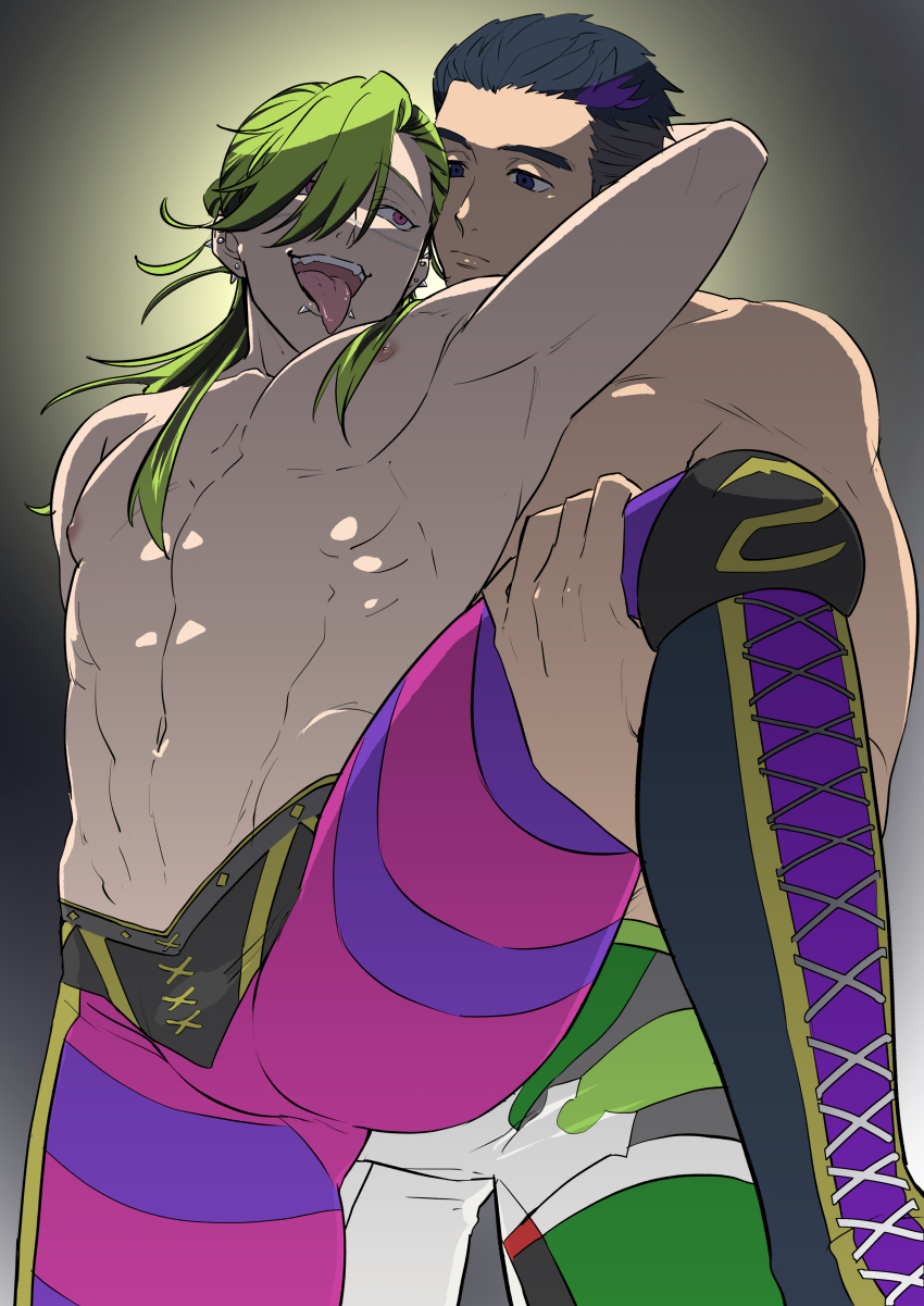 2boys, abs, absurdres, artist_request, bucchigiri?!, hair_slicked_back, highres, jin_marito, leg_up, male_focus, multiple_boys, navel, nipples, official_alternate_costume, outa_tahide, pectorals, short_hair, taunt, thick_eyebrows, toned, toned_male, tongue, tongue_out, topless_male, undercut, wavy_hair, yaoi