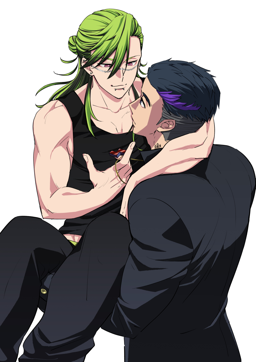 2boys, absurdres, arm_around_neck, artist_request, black_tank_top, bucchigiri?!, carrying, carrying_person, face-to-face, from_above, hair_slicked_back, highres, jin_marito, male_focus, male_underwear, male_underwear_peek, midriff_peek, multiple_boys, outa_tahide, short_hair, smile, tank_top, thick_eyebrows, toned, toned_male, undercut, underwear, wavy_hair, yaoi