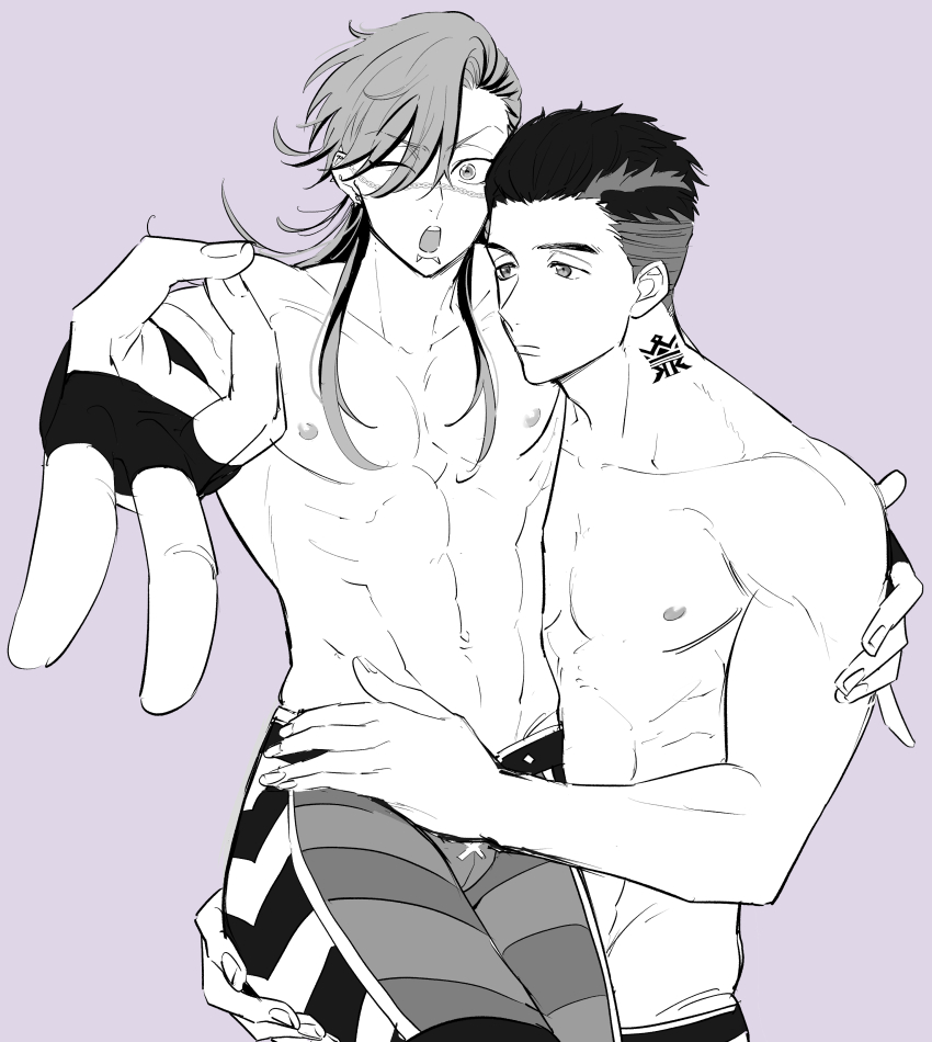 2boys, abs, absurdres, artist_request, bucchigiri?!, foreshortening, greyscale_with_colored_background, hair_slicked_back