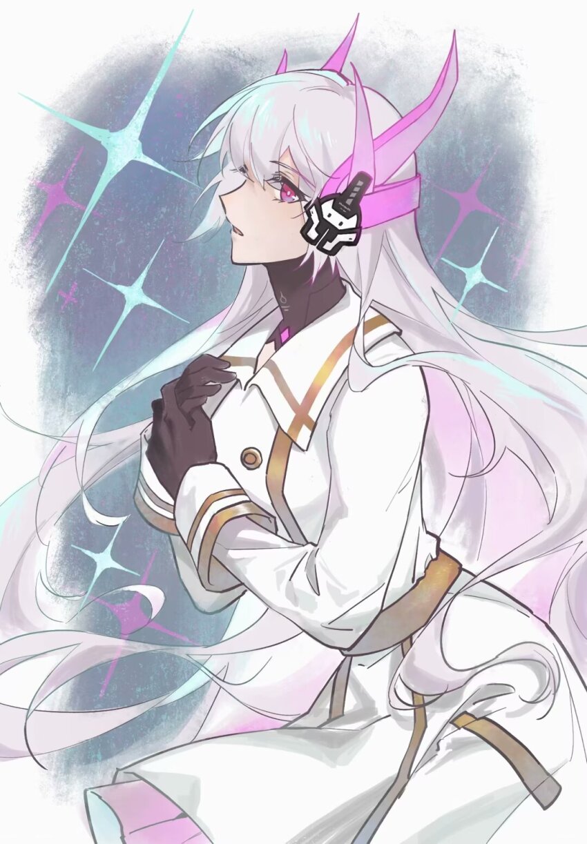 1girl, belt, black_gloves, dress, gloves, gold_belt, gold_trim, gown, grey_hair, headgear, headphones, highres, liv:_eclipse_(pgr), liv_(pgr), long_hair, mechabare, parted_lips, pink_eyes, punishing:_gray_raven, solo, turanjingmo, very_long_hair, white_dress