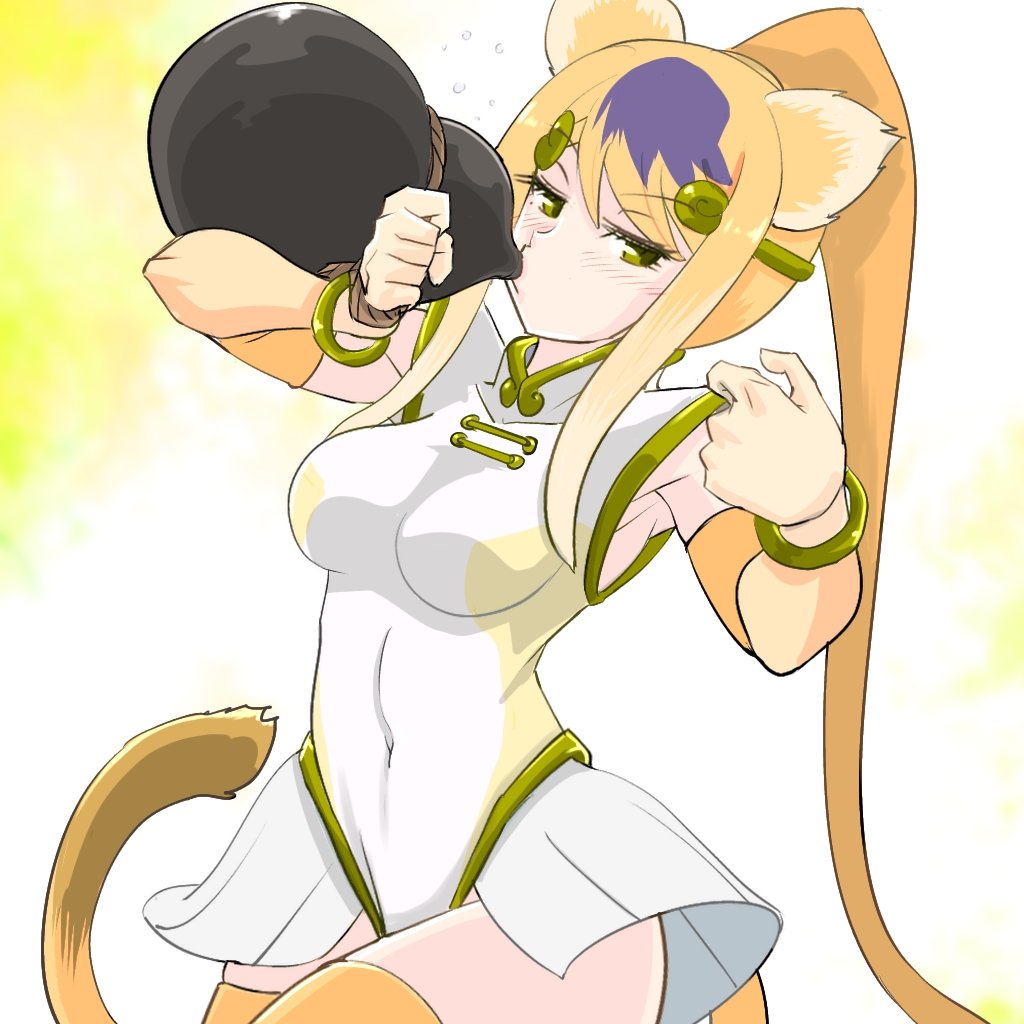 1girl, animal_ears, bare_shoulders, blush, bracelet, calabash, circlet, cowboy_shot, drinking, elbow_gloves, gloves, gold_trim, golden_snub-nosed_monkey_(kemono_friends), gourd, high_collar, jewelry, kemono_friends, leotard, long_hair, monkey_ears, monkey_girl, monkey_tail, msl2go, multicolored_hair, multicolored_leotard, orange_gloves, orange_hair, orange_thighhighs, pleated_skirt, ponytail, showgirl_skirt, sidelocks, skirt, sleeveless, solo, tail, thighhighs, two-tone_leotard, white_hair, white_leotard, white_skirt, yellow_eyes, yellow_leotard