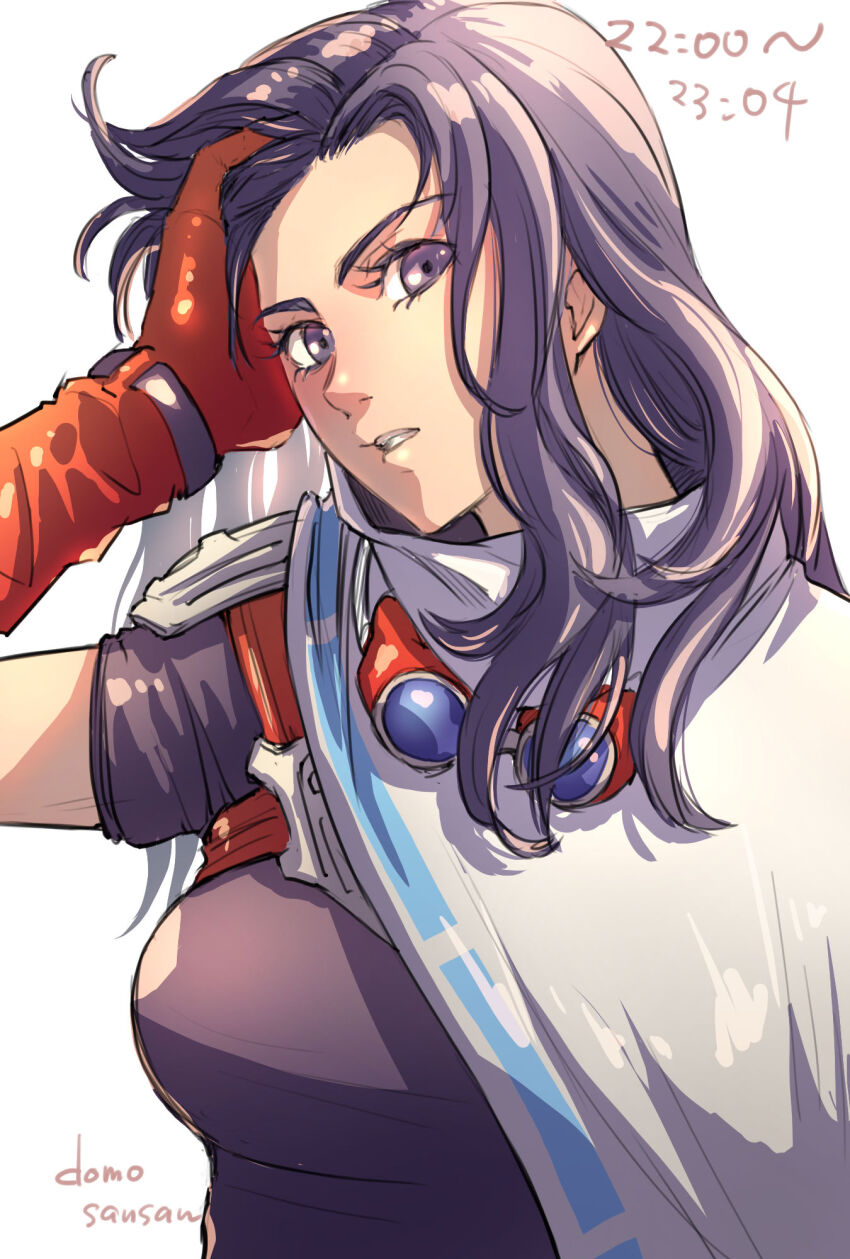 breasts, commentary_request, eyelashes, gloves, goggles, goggles_around_neck, hand_on_own_head, highres