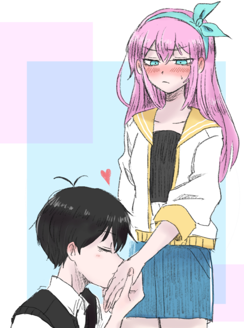 1boy, 1girl, antenna_hair, aubrey_(faraway)_(omori), aubrey_(omori), black_hair, black_sweater_vest, blue_eyes, blue_hairband, blue_skirt, closed_eyes, closed_mouth, collarbone, collared_shirt, cowboy_shot, crop_top, denim, denim_skirt, double-parted_bangs, germany_omori, hairband, heart, hetero, highres, jacket, kiss, kissing_hand, long_hair, long_sleeves, looking_at_another, omori, pink_hair, profile, shirt, skirt, sunny_(omori), sweatdrop, sweater_vest, white_jacket, white_shirt
