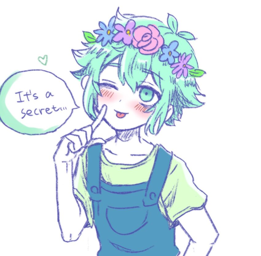 1boy, basil_(headspace)_(omori), basil_(omori), blue_overalls, collarbone, colored_skin, english_text, flower