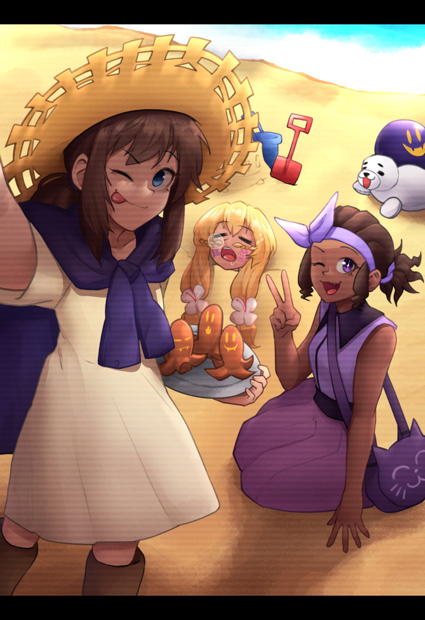 1other, 3girls, ;3, ;p, a_hat_in_time, absurdres, aged_up, alternate_costume