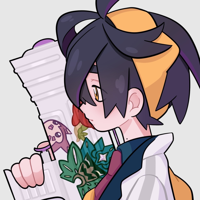 1boy, black_hair, character_print, closed_mouth, commentary_request, dipplin, from_side, furret