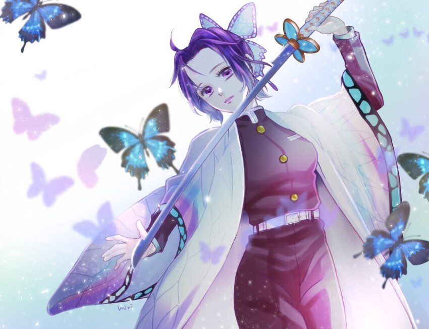 1girl, belt, blue_butterfly, bug, butterfly, butterfly_hair_ornament, buttons, commentary_request