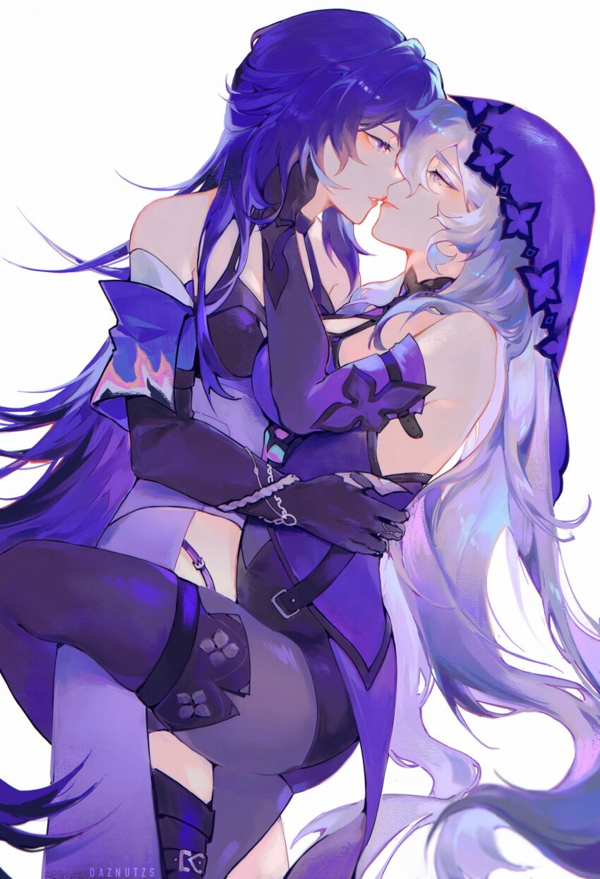 2girls, acheron_(honkai:_star_rail), bare_shoulders, black_gloves, black_swan_(honkai:_star_rail), breasts, daznutzs, dress, elbow_gloves, eye_contact, from_side, gloves, highres, honkai:_star_rail, honkai_(series), kiss, large_breasts, long_hair, looking_at_another, multiple_girls, pantyhose, profile, purple_dress, purple_eyes, purple_hair, simple_background, sleeveless, sleeveless_dress, veil, very_long_hair, white_background, yuri