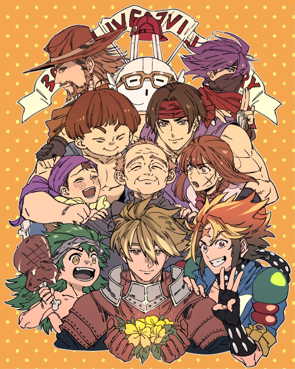 1girl, 6+girls, bandana, beard, blonde_hair, brown_hair, cowboy_hat, cube_(live_a_live)