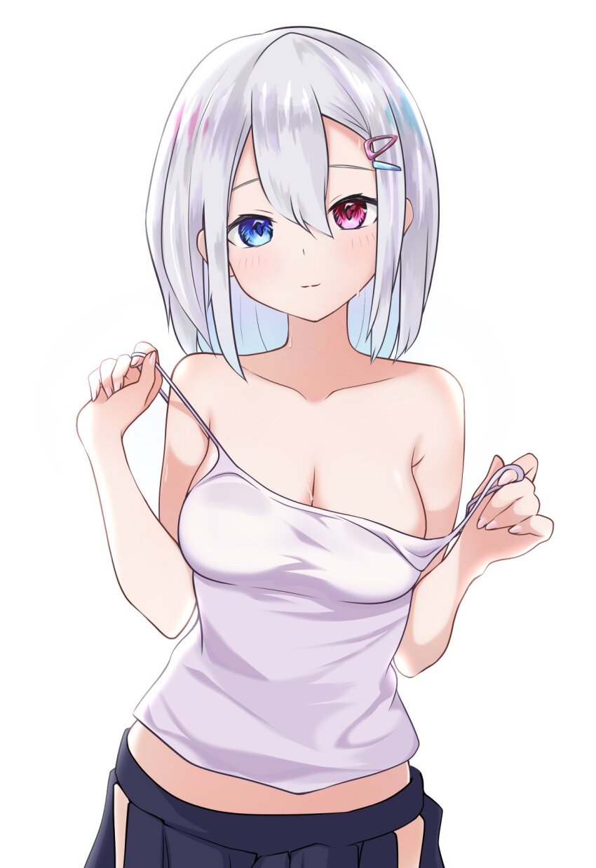 1girl, beyblade, blue_eyes, blush, breasts, cleavage, clothes_pull, grey_hair