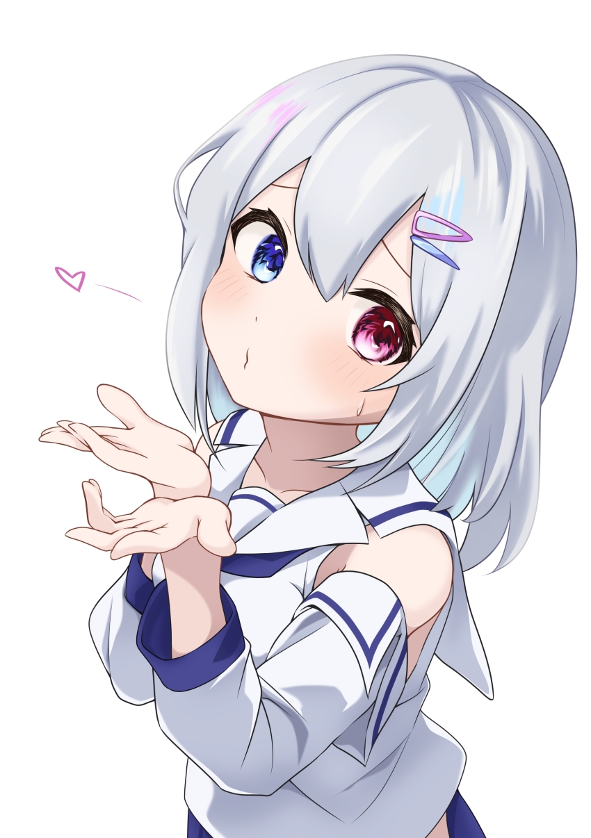 1girl, absurdres, beyblade, blue_eyes, blush, grey_hair, hair_ornament, heart, heterochromia, highres, kakitubata_aya, long_sleeves, looking_at_viewer, red_eyes, sainen_yuko, shirt, short_hair, simple_background, solo, upper_body, white_background, white_shirt