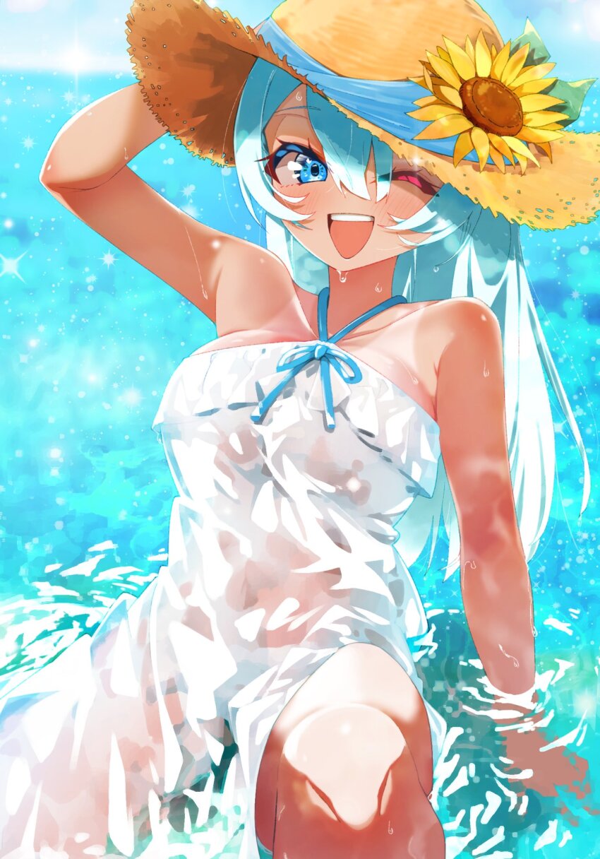 1girl, :d, ;d, alternate_costume, beyblade, blue_hair, breasts, cleavage