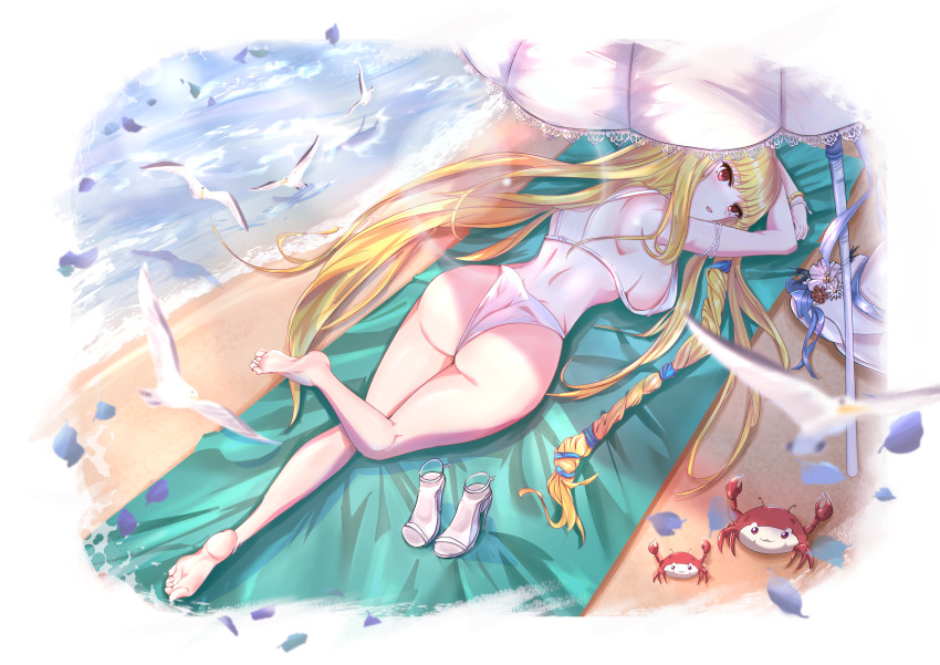 1girl, absurdres, angelica_(brown_dust), angelica_(pool_party)_(brown_dust), ass, backboob, barefoot, beach, beach_towel, beach_umbrella, bikini, bird, blonde_hair, bracelet, breasts, brown_dust_(series), brown_dust_2, chunfai1996, crab, eyebrows_hidden_by_hair, full_body, high_heels, highres, jewelry, large_breasts, leg_up, long_hair, looking_at_viewer, lying, ocean, on_stomach, red_eyes, seagull, shadow, soles, solo, stiletto_heels, sunbathing, swimsuit, toes, towel, umbrella, unworn_footwear, very_long_hair, white_bikini