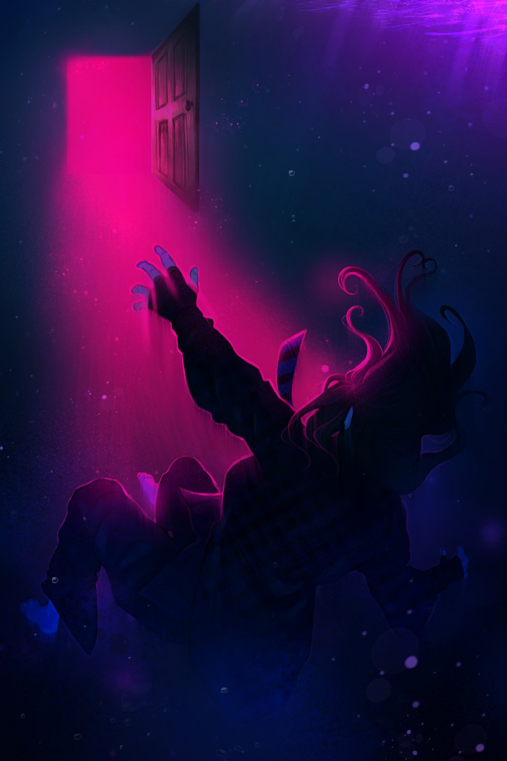 1girl, air_bubble, barefoot, bubble, commentary, door, english_commentary, falling