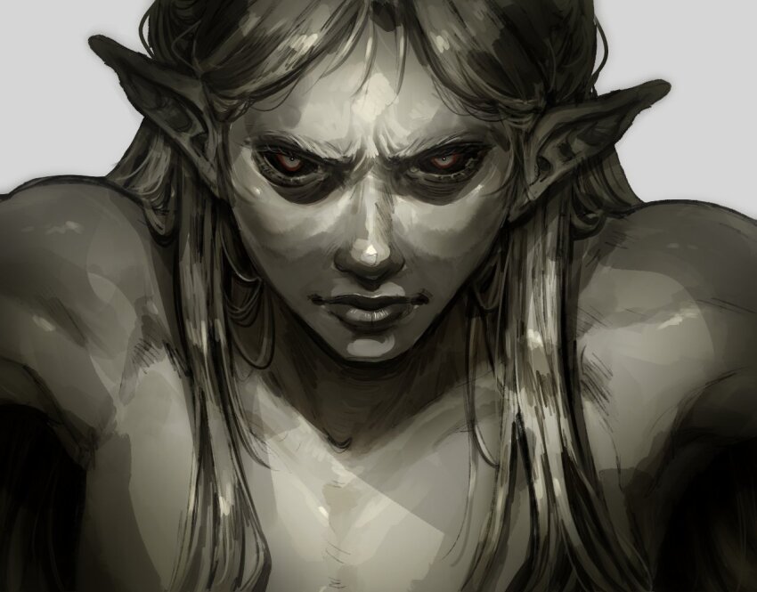 1girl, black_sclera, colored_sclera, commentary, english_commentary, greyscale, hair_behind_ear, kubrick_stare