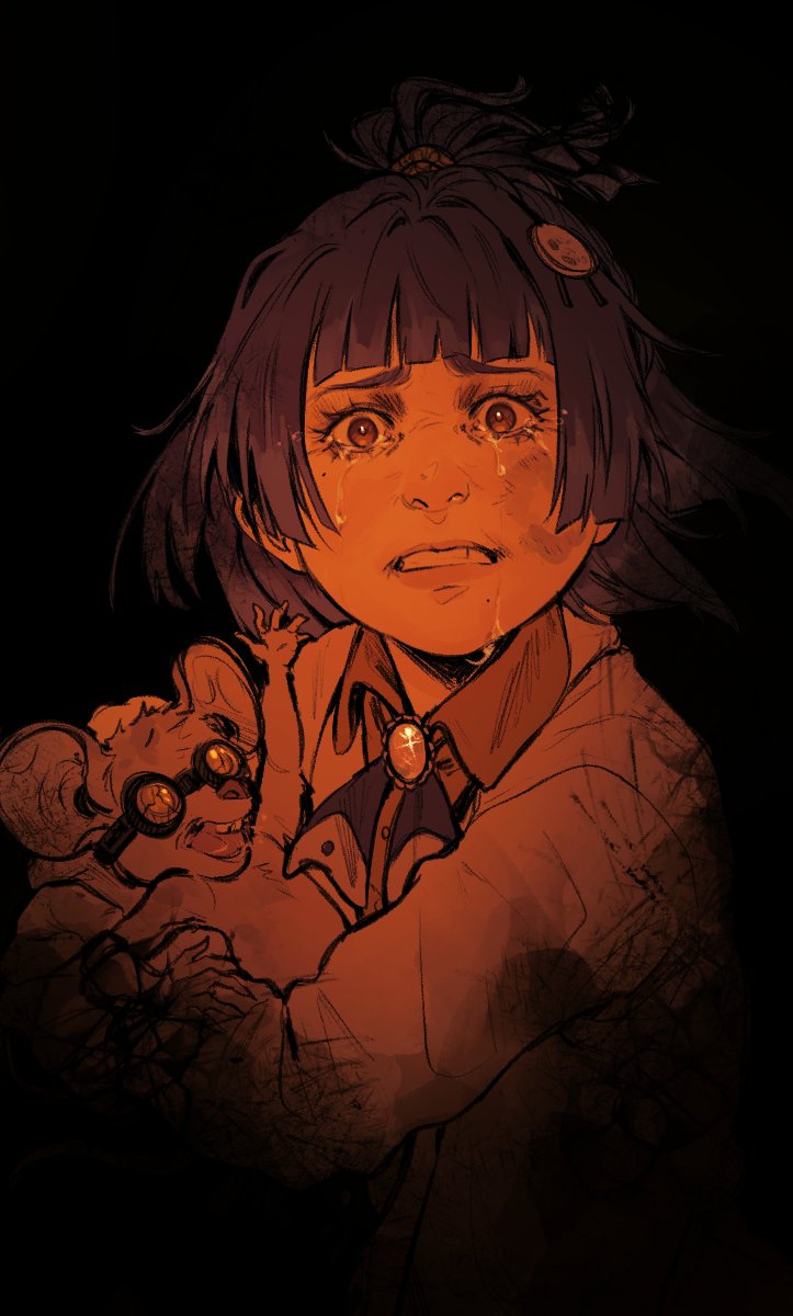 1girl, androgynous, black_hair, blunt_bangs, brown_eyes, clenched_teeth, commentary, crying