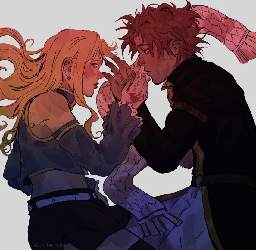 1boy, 1girl, black_coat, black_pants, blonde_hair, coat, commentary, detached_sleeves