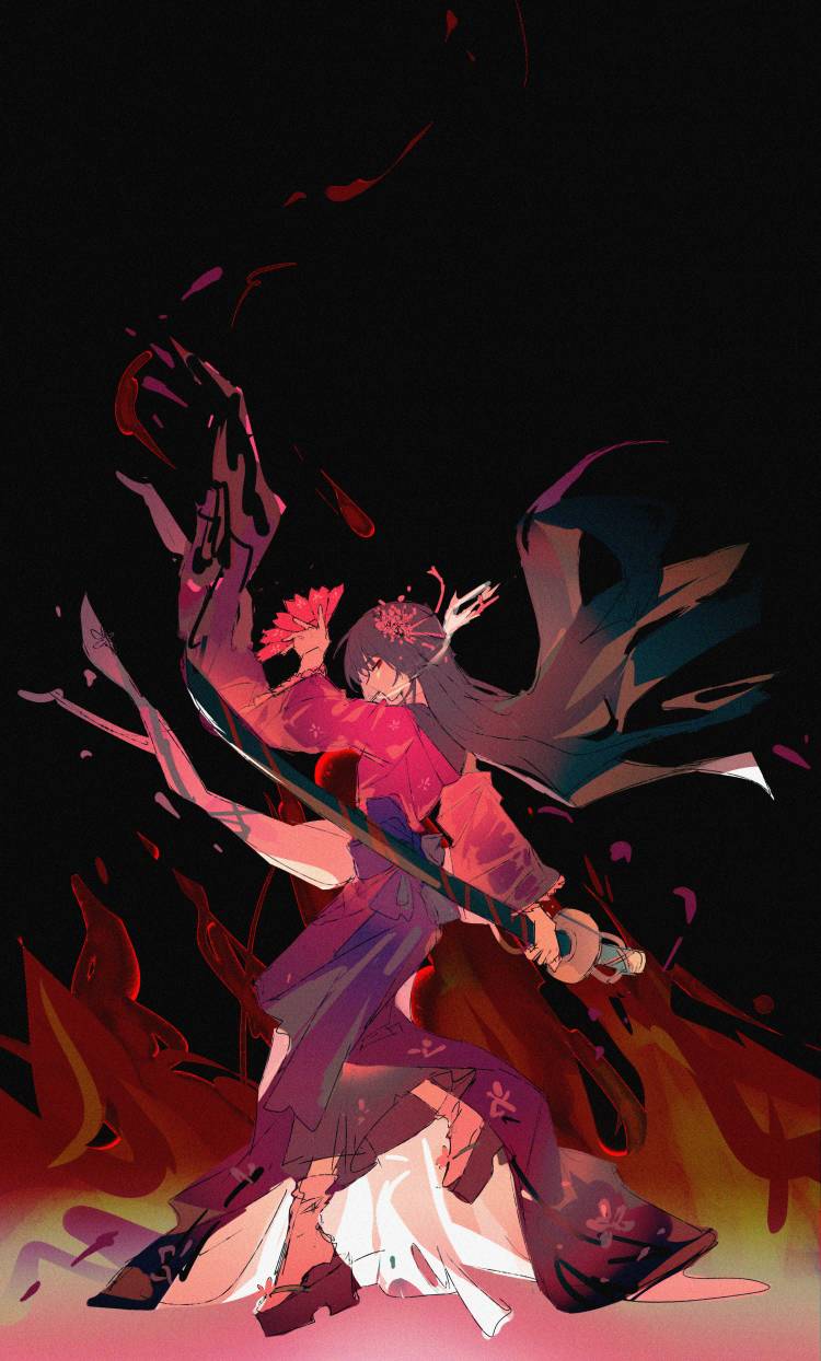 1girl, arm_up, black_hair, cherry_blossom_(e.g.o), cherry_blossom_print, dancing, fire, floating_hair