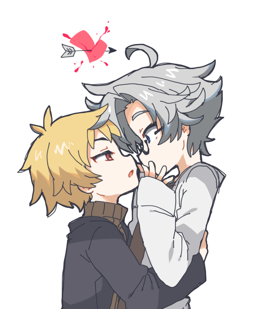 2boys, ahoge, arrow_through_heart, atou_haruki, bad_id, bad_pixiv_id, black_jacket, blonde_hair
