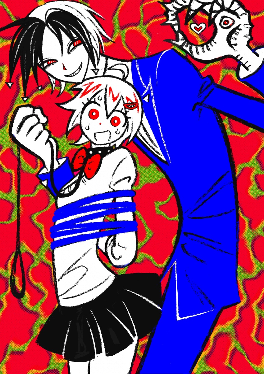 1boy, 1girl, abstract_background, absurdres, ahoge, animal_collar, arms_behind_back, blue_jacket