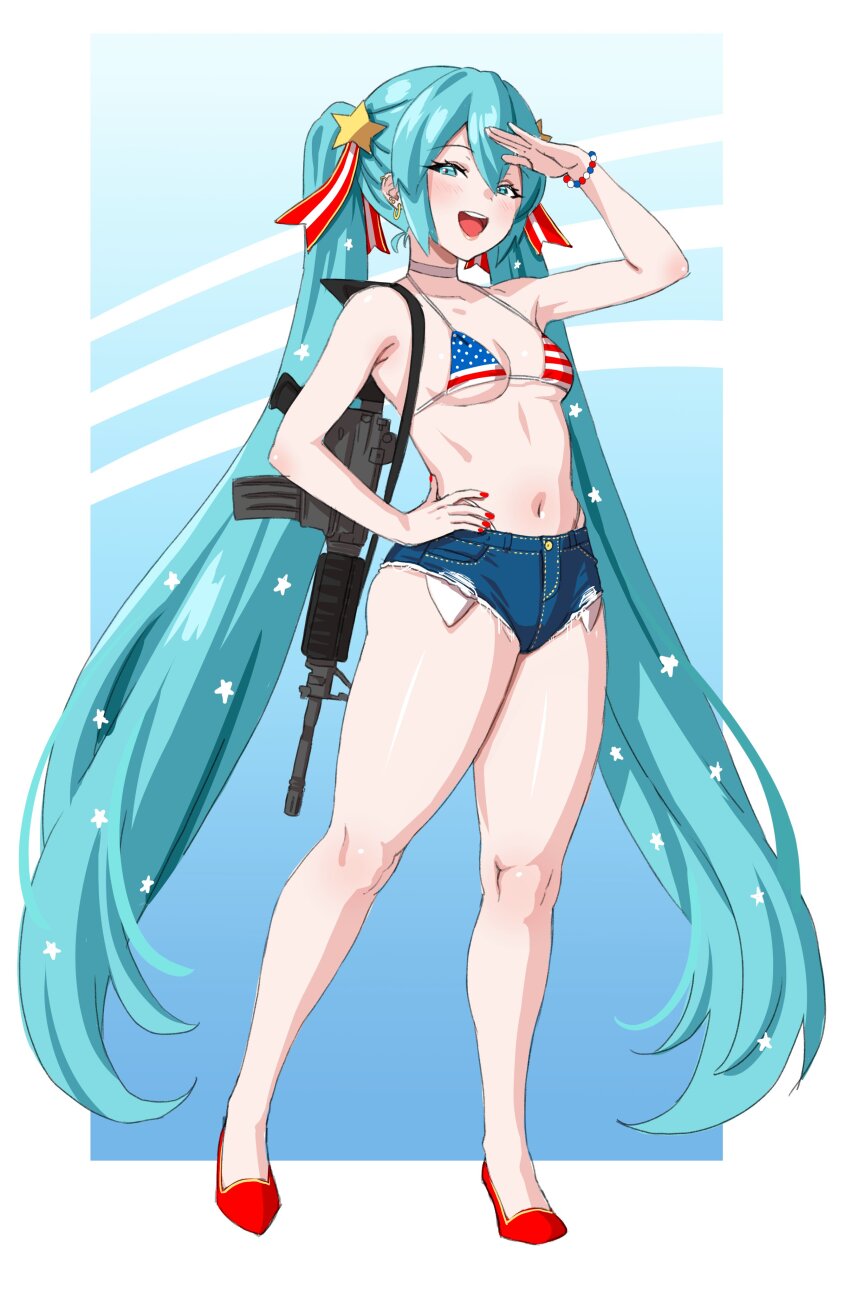 1girl, :d, absurdres, alternate_costume, american_flag, american_flag_bikini, american_flag_print, american_miku