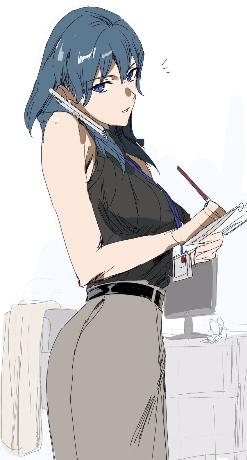 1girl, alternate_costume, bare_shoulders, belt, black_belt, black_sweater, blue_eyes, blue_hair