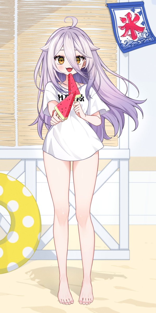 1girl, ahoge, barefoot, beach, clothes_writing, eyelashes, feet, food, fruit, gradient_hair, grey_hair, hair_between_eyes, henya_the_genius, henya_the_genius_(summer), highres, ichiko_1234, long_hair, looking_at_viewer, multicolored_hair, no_pants, open_mouth, purple_hair, shadow, shirt, solo, swim_ring, toes, virtual_youtuber, vshojo, watermelon, white_shirt, yellow_eyes