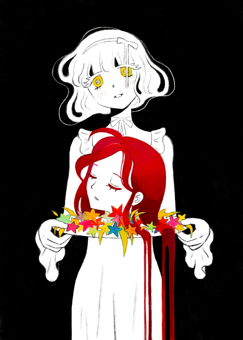 2girls, absurdres, ahoge, alev_valcarios, black_background, blush, character_request, check_character