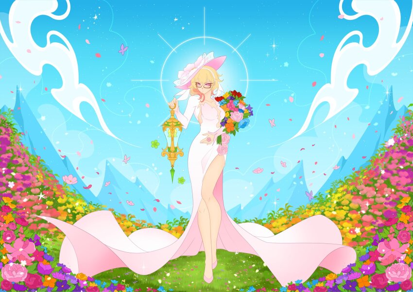 1girl, adapted_costume, blonde_hair, blue_flower, blue_sky, bouquet, breasts, commentary, day, dress, emilie_(genshin_impact), emilie_(guerlain)_(genshin_impact), english_commentary, falling_petals, ffluvy, field, flower, flower_field, full_body, genshin_impact, glasses, hand_up, hat, highres, holding, holding_bouquet, long_sleeves, looking_at_viewer, medium_breasts, multicolored_dress, multicolored_hair, official_alternate_costume, orange_flower, outdoors, petals, pink_dress, pink_flower, pink_hair, pink_hat, pink_shoes, purple_flower, red_eyes, red_flower, semi-rimless_eyewear, shoes, sky, solo, standing, white_dress, yellow_flower