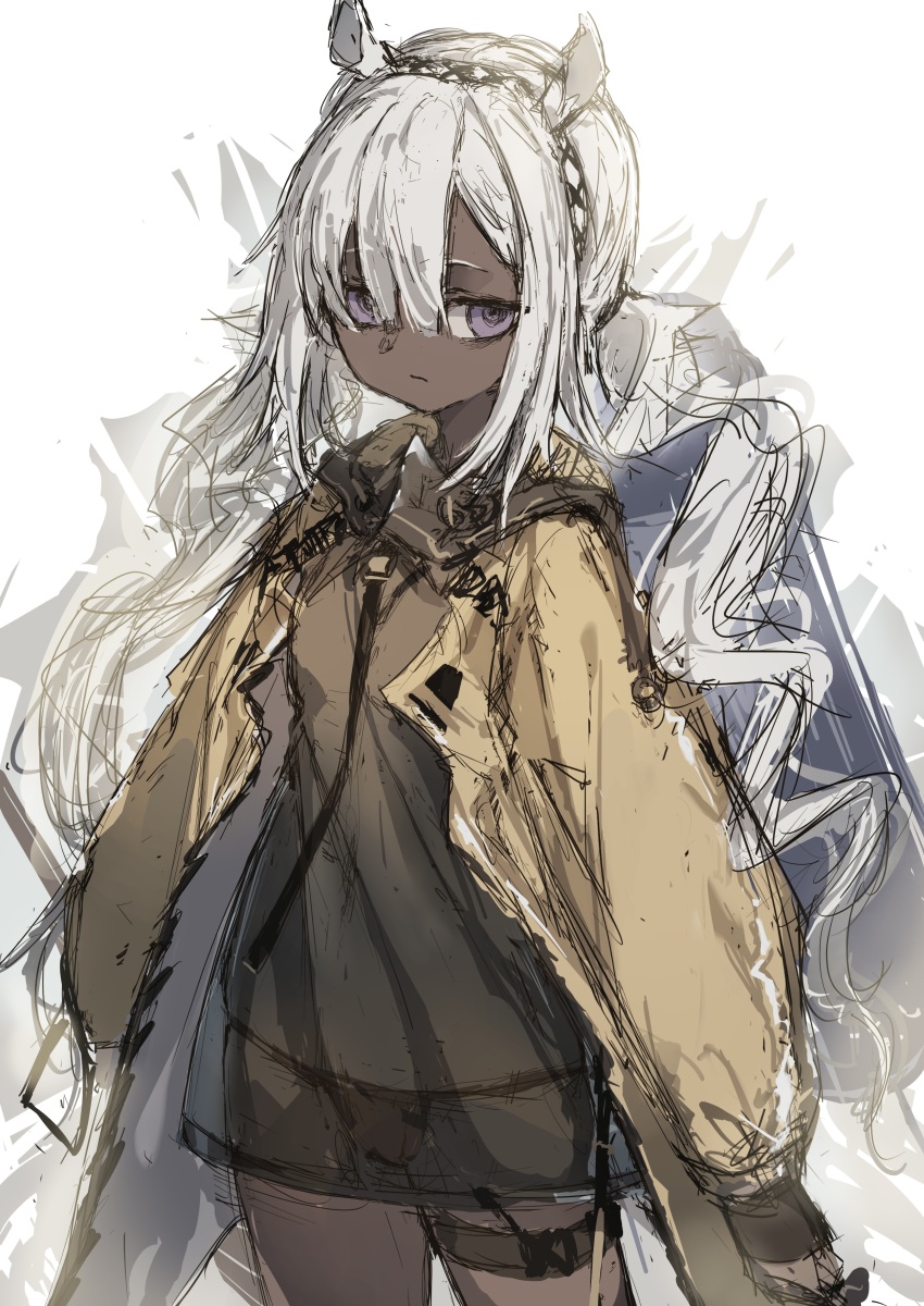 1girl, absurdres, animal_ears, arknights, black_shirt, braid, brown_jacket, closed_mouth