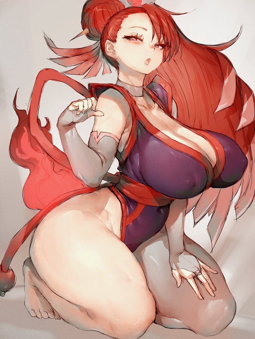 1girl, :o, bare_shoulders, breasts, cleavage, covered_erect_nipples, fingerless_gloves, fumio_(rsqkr), gloves, hair_bun, highres, japanese_clothes, kneeling, large_breasts, long_hair, looking_at_viewer, narrow_waist, navel, ponytail, precure, red_hair, simple_background, solo, thick_thighs, thighs, white_background, wide_hips, wonderful_precure!, zakuro_(precure)