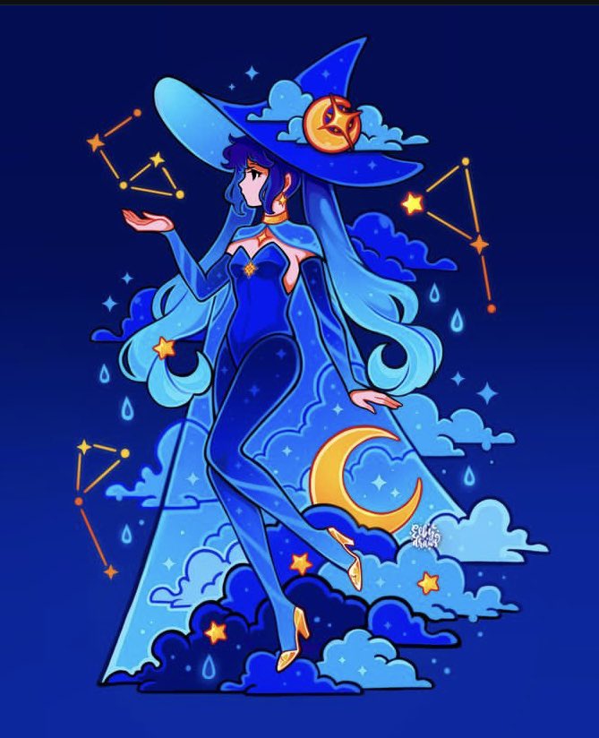 1girl, alternate_color, blue_background, blue_hair, blue_hat, blue_leotard, blue_pantyhose, blue_sleeves, breasts, commentary, crescent, detached_sleeves, drawselby, english_commentary, from_side, full_body, genshin_impact, gradient_hair, hand_up, hat, leotard, long_hair, mona_(genshin_impact), multicolored_hair, pantyhose, shoes, small_breasts, solo, star_(symbol), strapless, strapless_leotard, very_long_hair, water_drop, yellow_shoes