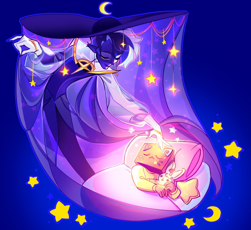 2others, absurdres, bed, blue_background, box, box_on_head, cardboard_box, commentary, crumb_(cuptoast), english_commentary, hat, highres, holographicros3, long_sleeves, minecraft_youtube, multiple_others, other_focus, personification, pillow, ranboo, star_(symbol), stuffed_animal, stuffed_rabbit, stuffed_toy, sweater