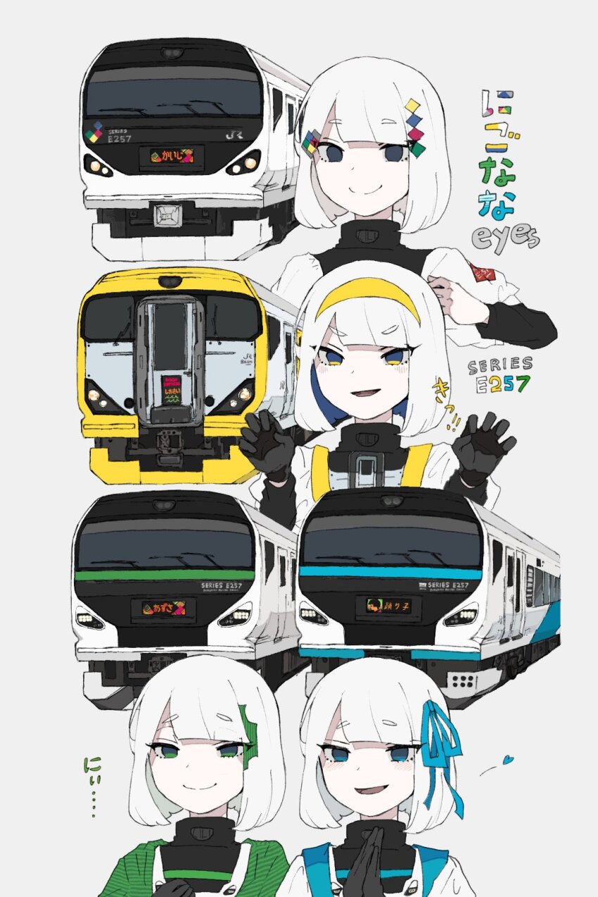 4girls, asymmetrical_hair, augustin_tea, black_gloves, black_sweater, blue_eyes, blue_hair, claw_pose