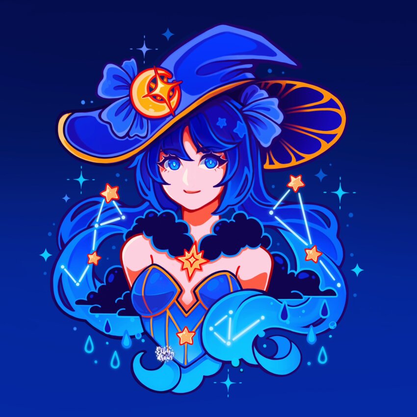 1girl, bare_shoulders, blue_background, blue_eyes, blue_hair, blue_pupils, breasts, breasts_apart, commentary, crescent, cropped_torso, drawselby, english_commentary, genshin_impact, highres, long_hair, looking_at_viewer, medium_breasts, mona_(genshin_impact), simple_background, sleeveless, smile, solo, star_(symbol), very_long_hair, water_drop