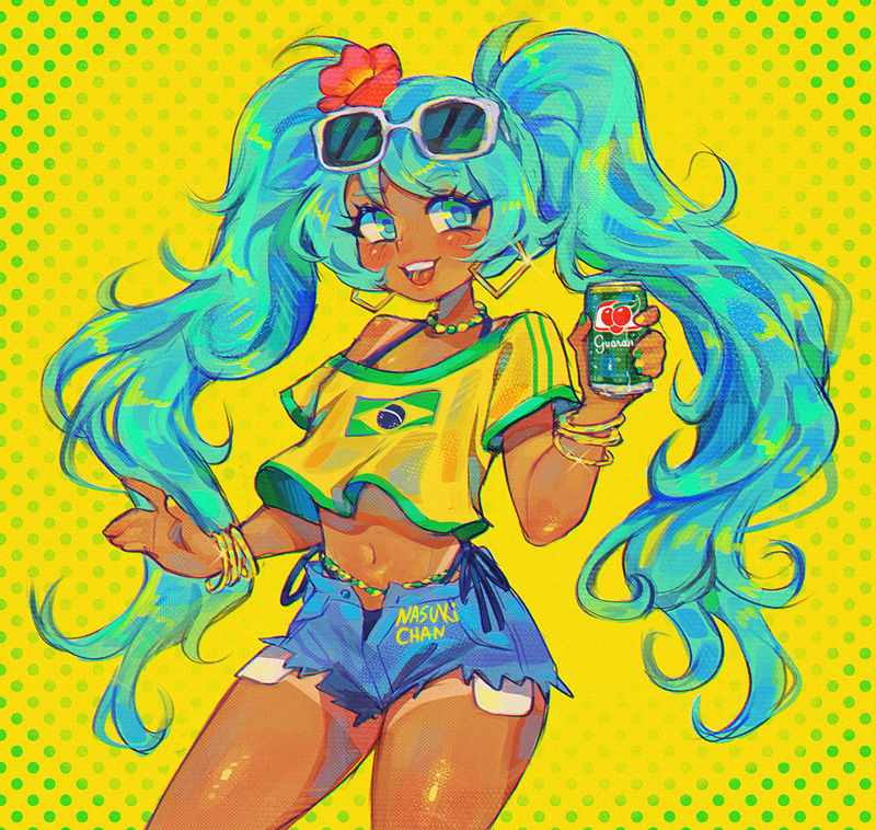 1girl, aqua_hair, bead_choker, beads, belly_chain, bracelet, brazilian_flag, brazilian_flag_print, brazilian_miku, can, earrings, eyewear_on_head, flag_print, glint, guarana_antarctica, hatsune_miku, holding, holding_can, jewelry, long_hair, midriff, multiple_bracelets, nasukichan, navel, open_mouth, print_shirt, shirt, short_sleeves, shorts_tan, smile, solo, sunglasses, tan, tanline, twintails, very_long_hair, vocaloid, white-framed_eyewear, yellow_background, yellow_shirt