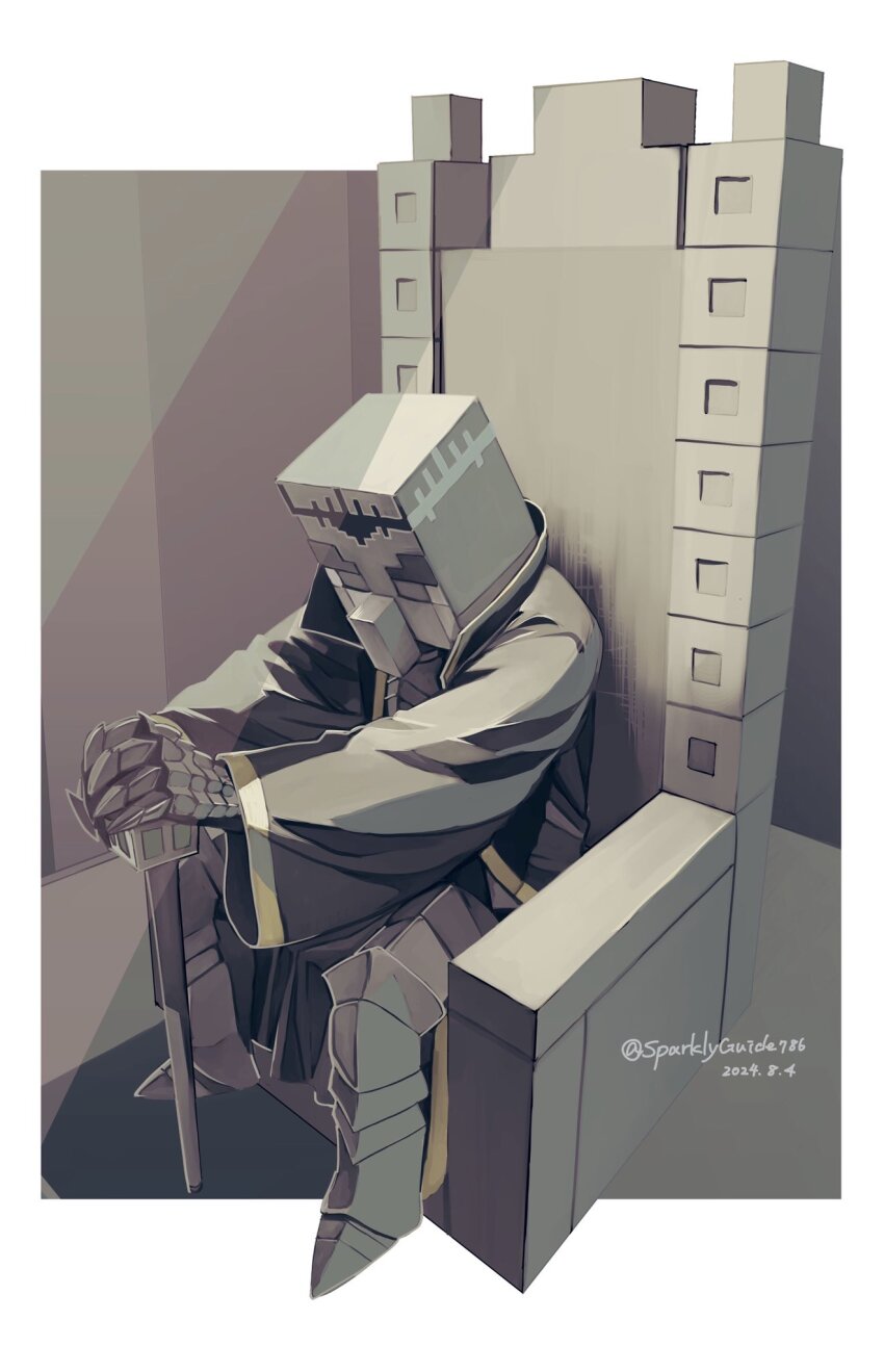 1boy, armor, black_jacket, colored_skin, dated, gauntlets, greaves, grey_eyes, grey_skin, highres, illager_(minecraft), jacket, looking_down, male_focus, metal_gloves, minecraft, on_throne, shadow, sitting, solo, sparklyguide, throne, twitter_username